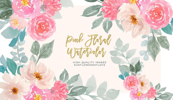Pink and Gold Watercolor Floral Clipart for Embroidery Projects