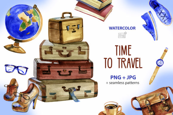 Time to Travel Watercolor Cliparts: A Polished Graphic Design Asset for Content Creators