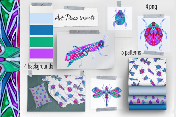 Watercolor Art Deco Insects Clipart: A Stylish Graphic Design Asset for Crafters