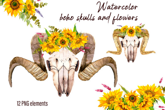 Watercolor Clipart Boho Skull and Flower: A Versatile Illustration for Content Creators
