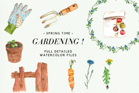 Watercolor Gardening Set, Spring Wreaths Illustrations for Polished Content