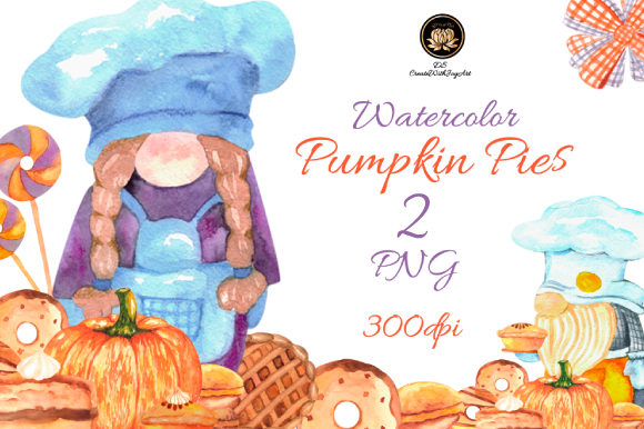 Watercolor Pumpkin Pie and Gnome Illustrations: A Versatile Graphic Design Asset for Seasonal Crafts