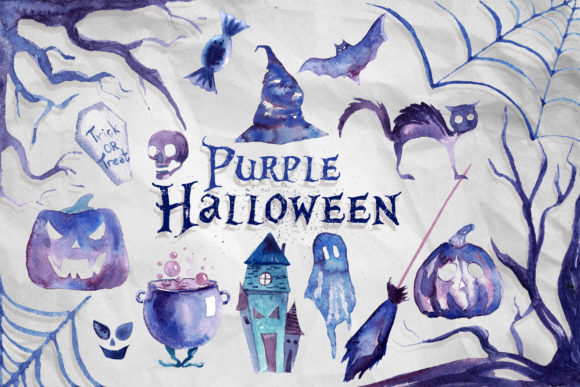Watercolor Purple Halloween Clipart for Brand Design and Local Business Use