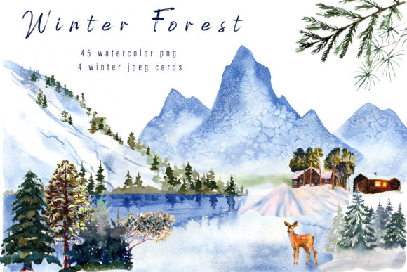 Winter Landscape Clipart Watercolor for Illustrations